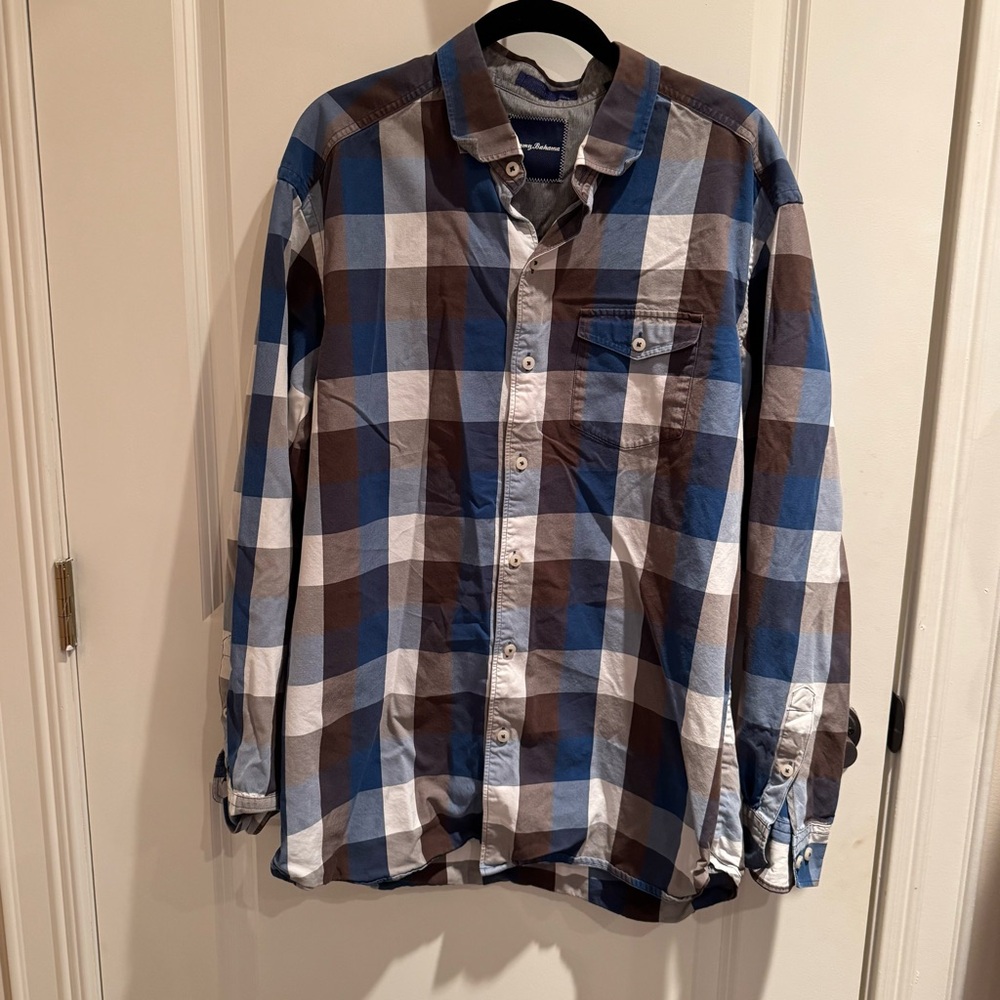 Tommy Bahama Blue Brown White Plaid Button-Down Shirt